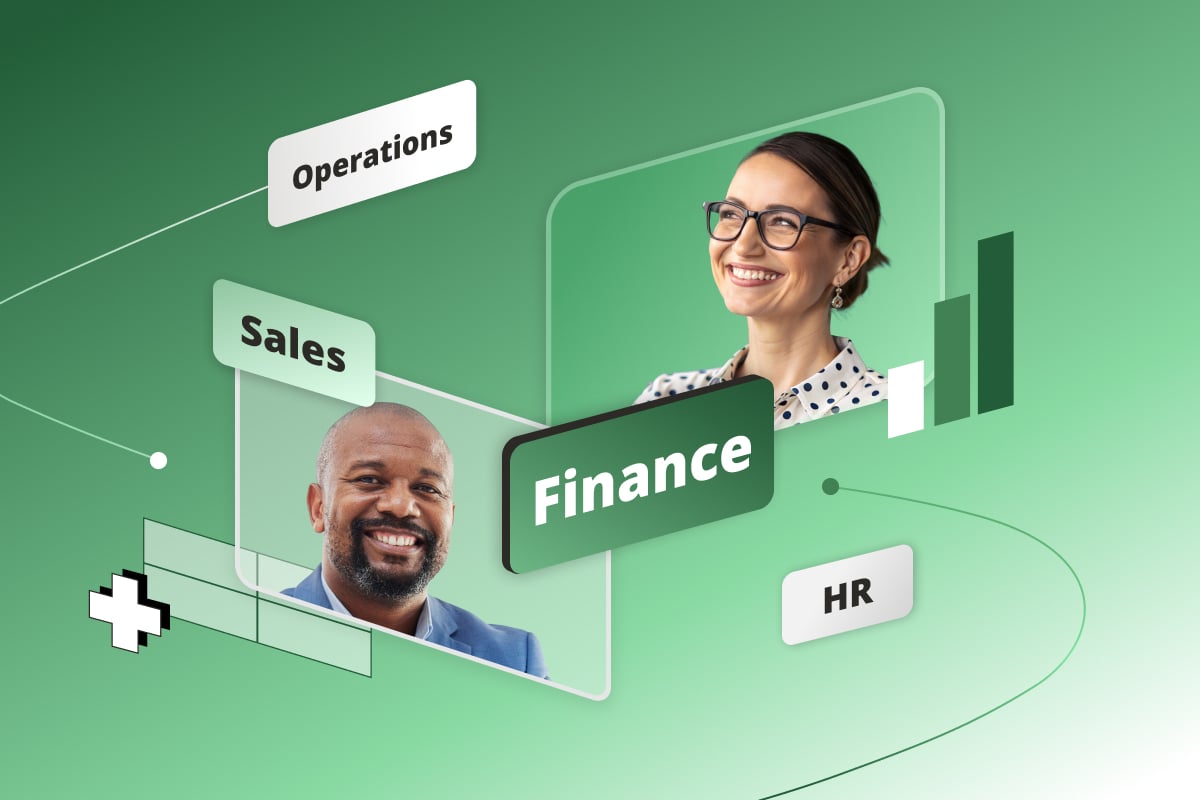 Finance team collaborating with HR, Sales, and Operations, with floating spreadsheet and chart icons.